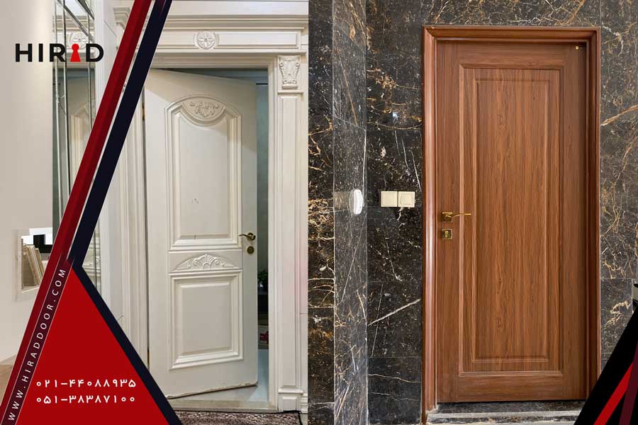 تصویر دو عدد درب داخلی، یکی گردویی با چهارچوب PVC و ست و دیگری سفید با چهارچوب چوبی و سفید رنگ